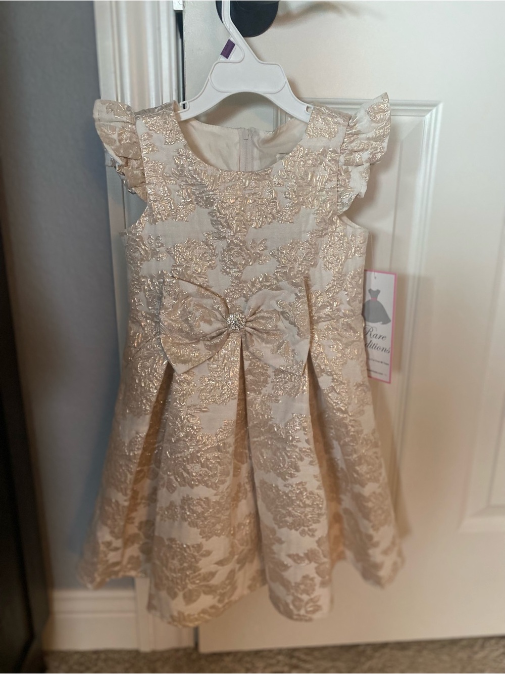 Girls Cream and Gold Floral Bow Party Dress